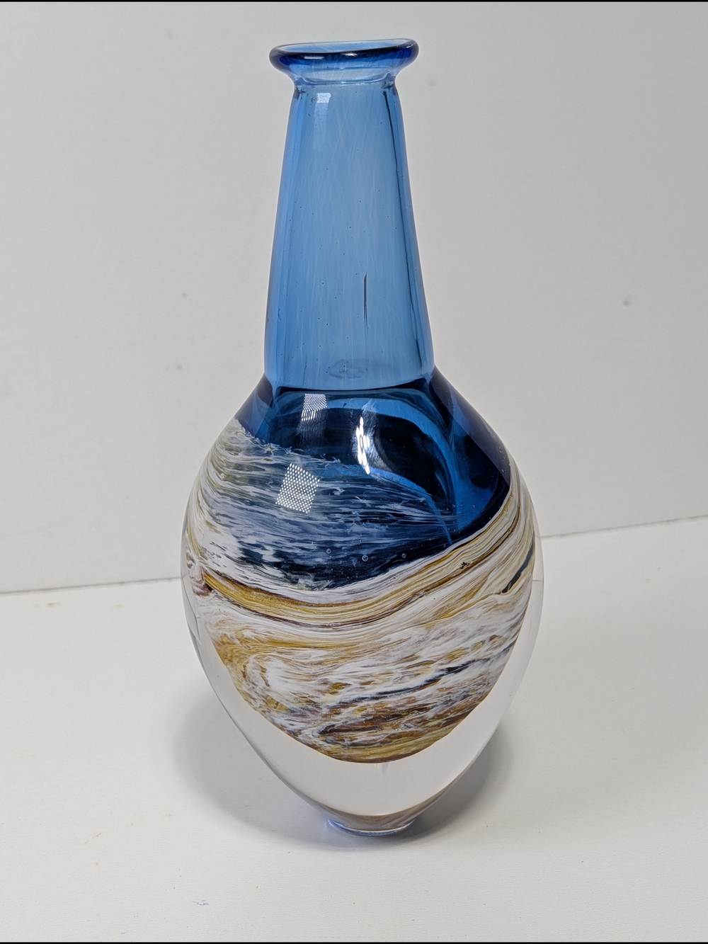 Handblown Art Glass Bottle Vase in Blue with White and Gold Swirl Torres & Tagus